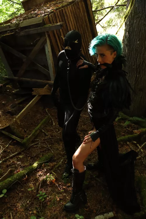 power posing with a leashed bone pet