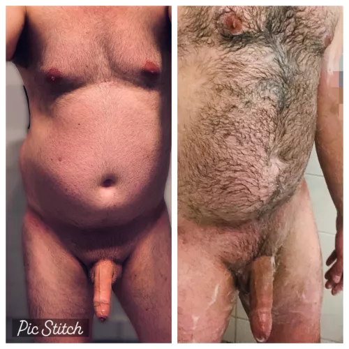 (38) wondering if trimming was a good idea with a few extra pounds. I think the hair hid my dad gut better…