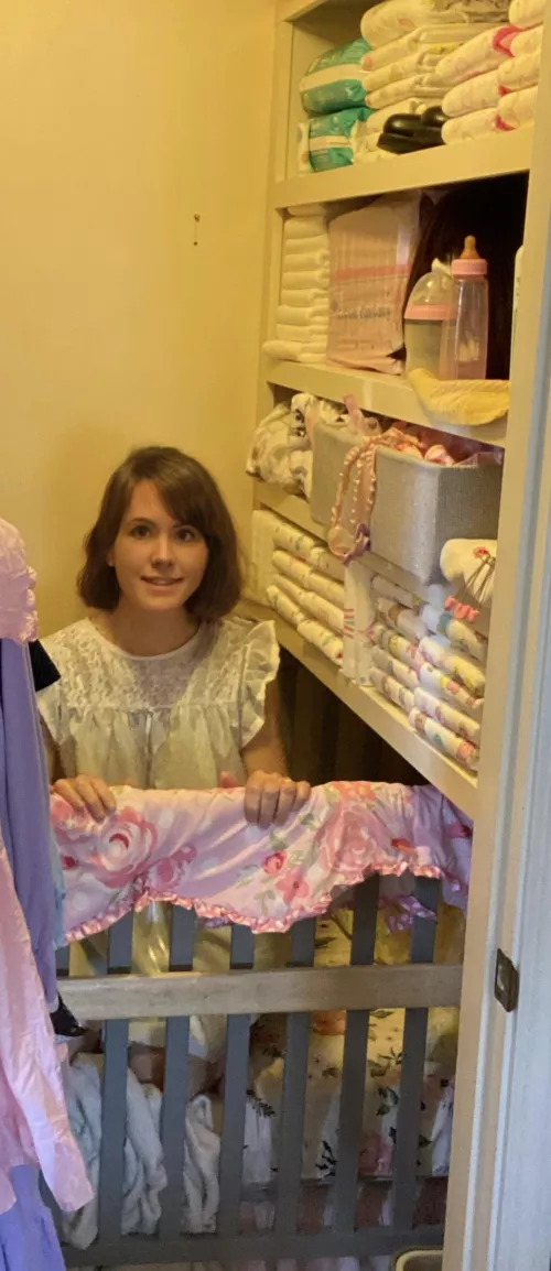 Here’s my little in her crib and “closet nursery.” We use facial editing to protect her ID. But this pic came out so different! It hardly looks like her! Still super cuteee!!