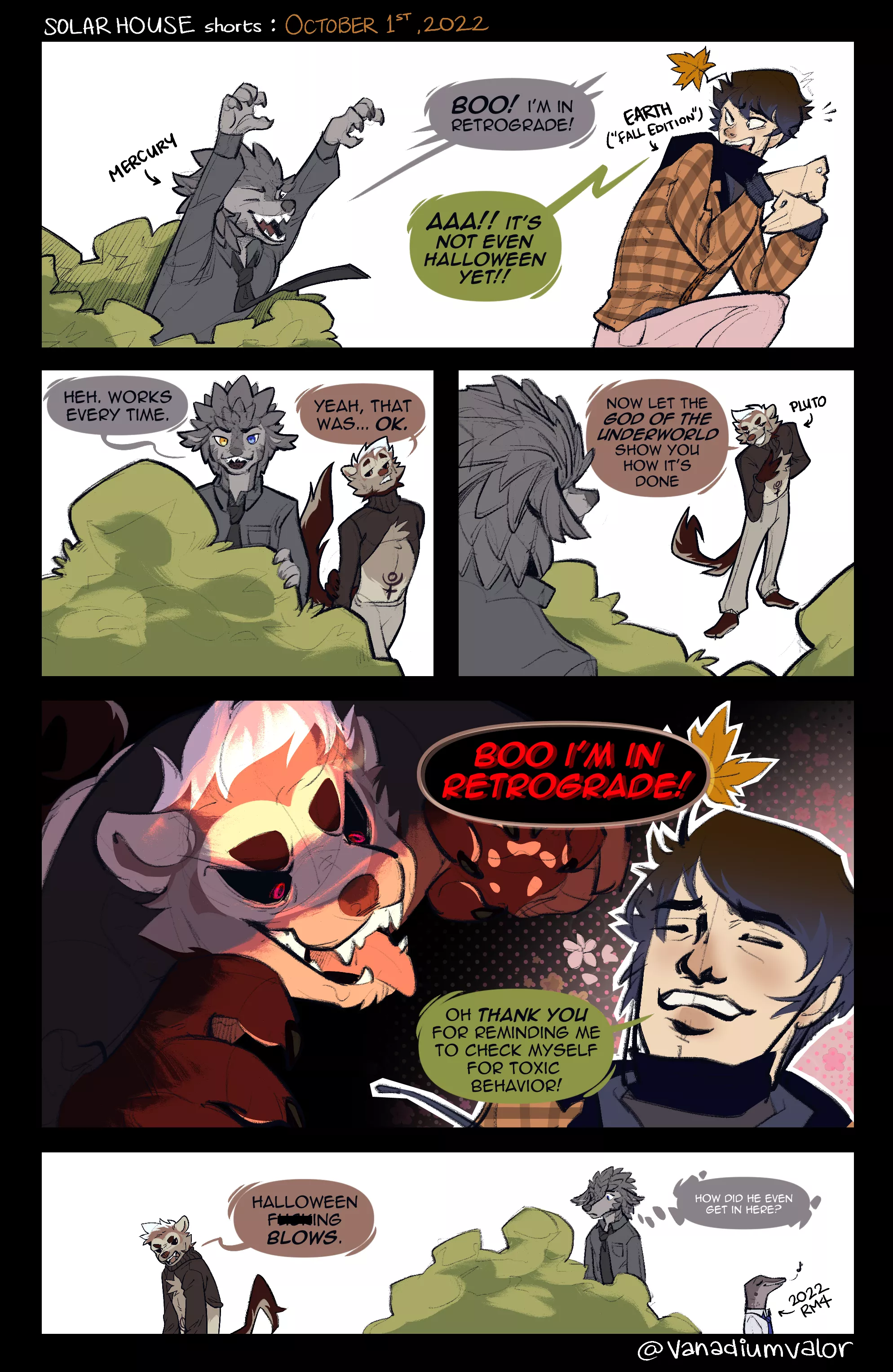 Happy (early) Halloween from your favorite space furries! Mercury decides to scare Earth with a good ol' fashioned retrograde, but a certain dwarf planet thinks he can do better (art by me!)