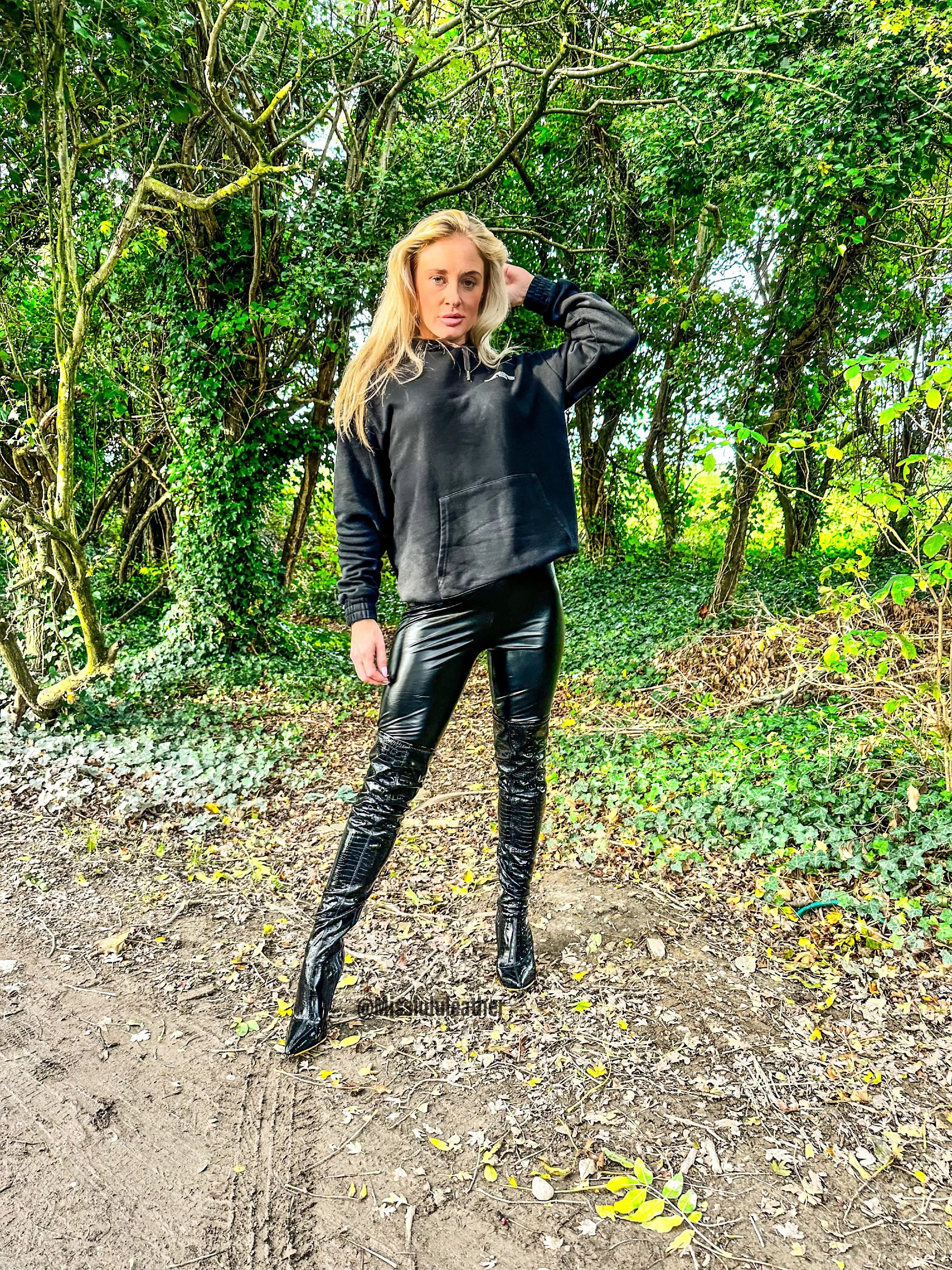 Leather Goddess In The Woods On The Hunt For More Cocks !