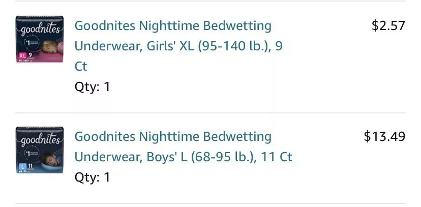 Why are girls XL goodnites so much less expensive?