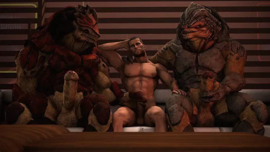 MShep bonding with Wrex and Grunt at the AfterParty. (Unknown)