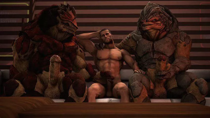 MShep bonding with Wrex and Grunt at the AfterParty. (Unknown)
