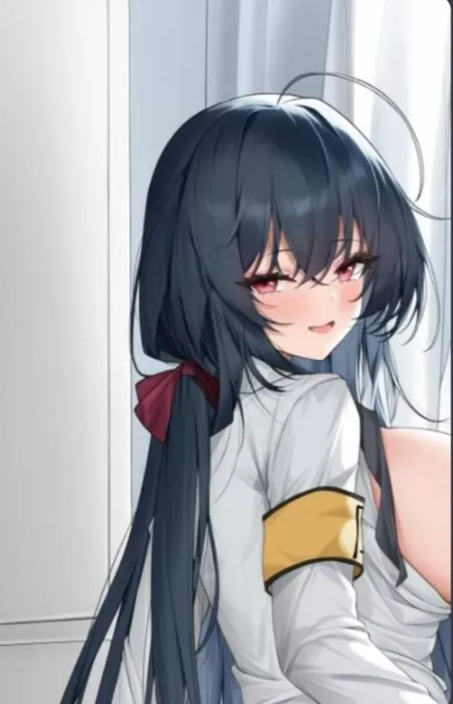 Color 1girl, ahoge, black hair, breasts out, from behind, grabbing own ass, hair between eyes, hair bow, large breasts, looking at viewer, looking back, open shirt, red bow, red eyes, sideboob, spread ass, taihou (sweet time after school) (azur lane), up