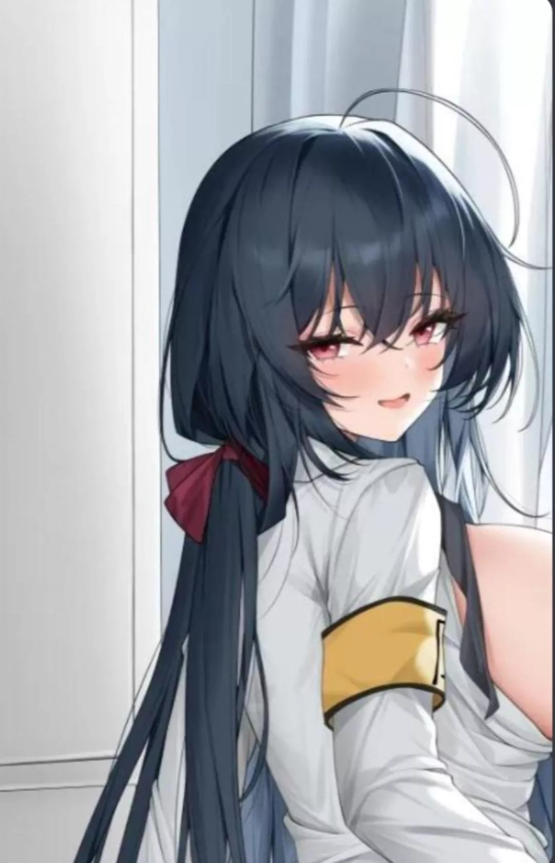 Color 1girl, ahoge, black hair, breasts out, from behind, grabbing own ass, hair between eyes, hair bow, large breasts, looking at viewer, looking back, open shirt, red bow, red eyes, sideboob, spread ass, taihou (sweet time after school) (azur lane), up
