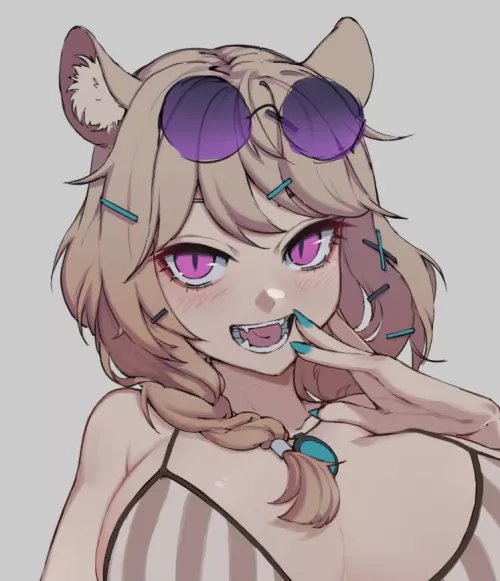 Color 1girl, animal ear fluff, animal ears, bikini, blonde hair, blush, braid, fangs, hairclip, large breasts, looking at viewer, lower teeth, nail polish, necklace, open mouth, purple eyes, slit pupils, sunglasses on head, upper teeth, utage (arknights)