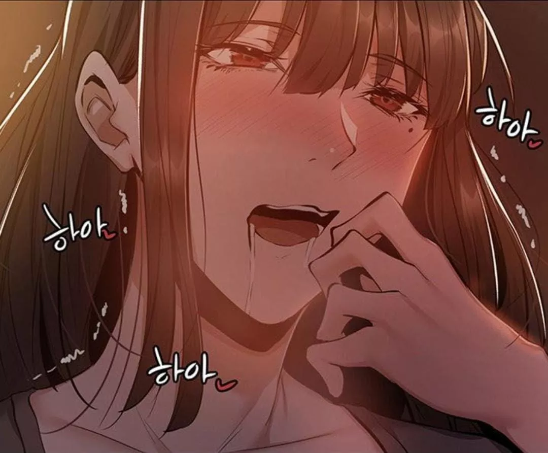 LF Color Source: 1girl, bangs, beauty mark, brown eyes, brown hair, close up, drool, face, foreign text, hair between eyes, hair over eyes, hand to own mouth, manhwa/webtoon, mole, mole under eye, open mouth, red heart, saliva, sidelocks, spoken heart, t