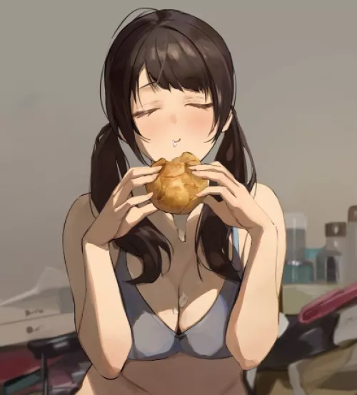 LF Color Source: 1girl, brown hair, closed eyes, cream puff, eating, food, grey bra/gray bra, holding food, large breast, pastry, sexually suggestive, sports bra, twintails