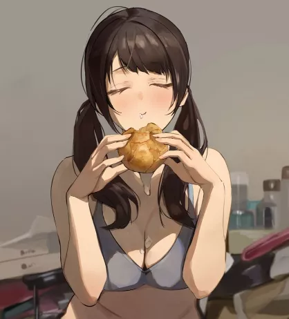 LF Color Source: 1girl, brown hair, closed eyes, cream puff, eating, food, grey bra/gray bra, holding food, large breast, pastry, sexually suggestive, sports bra, twintails