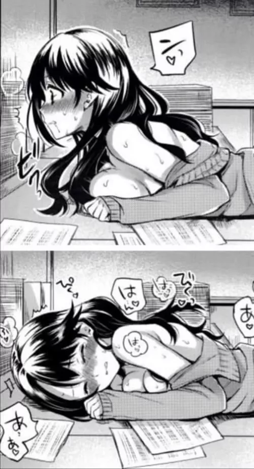 LF Mono Source: 1girl, bangs, black hair, breath, clenched teeth, closed eyes, foreign sfx, foreign text, from side, full face blush, implied doggystyle, implied sex from behind, large breasts, long hair, off shoulder, paper, paper stack, sideboob, sleev