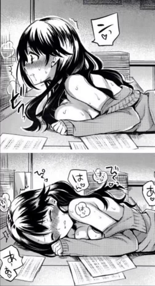 LF Mono Source: 1girl, bangs, black hair, breath, clenched teeth, closed eyes, foreign sfx, foreign text, from side, full face blush, implied doggystyle, implied sex from behind, large breasts, long hair, off shoulder, paper, paper stack, sideboob, sleev