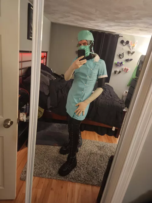 medical themed play party. catsuit by Simon o, gloves cascade health, cap and mask signature latex.