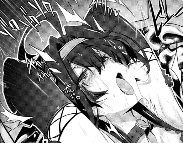 Mono 1girl, ahegao, ahoge, arms behind head, arms up, black hair between eyes, blush, breath, close up, creampie, cross-section, elbow gloves, face, fishnet, foreign sfx, headband, heart choker, heart-shaped lock, internal cumshot, long hair, open mouth,