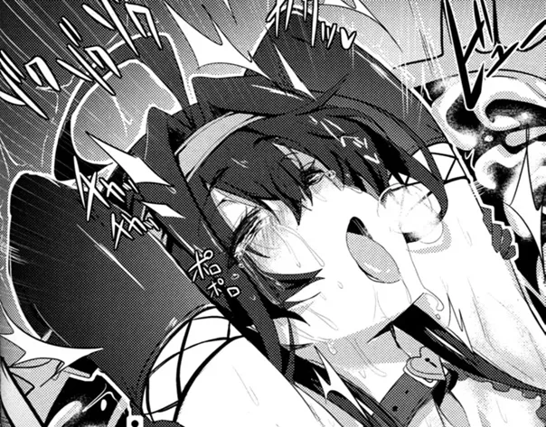 Mono 1girl, ahegao, ahoge, arms behind head, arms up, black hair between eyes, blush, breath, close up, creampie, cross-section, elbow gloves, face, fishnet, foreign sfx, headband, heart choker, heart-shaped lock, internal cumshot, long hair, open mouth,