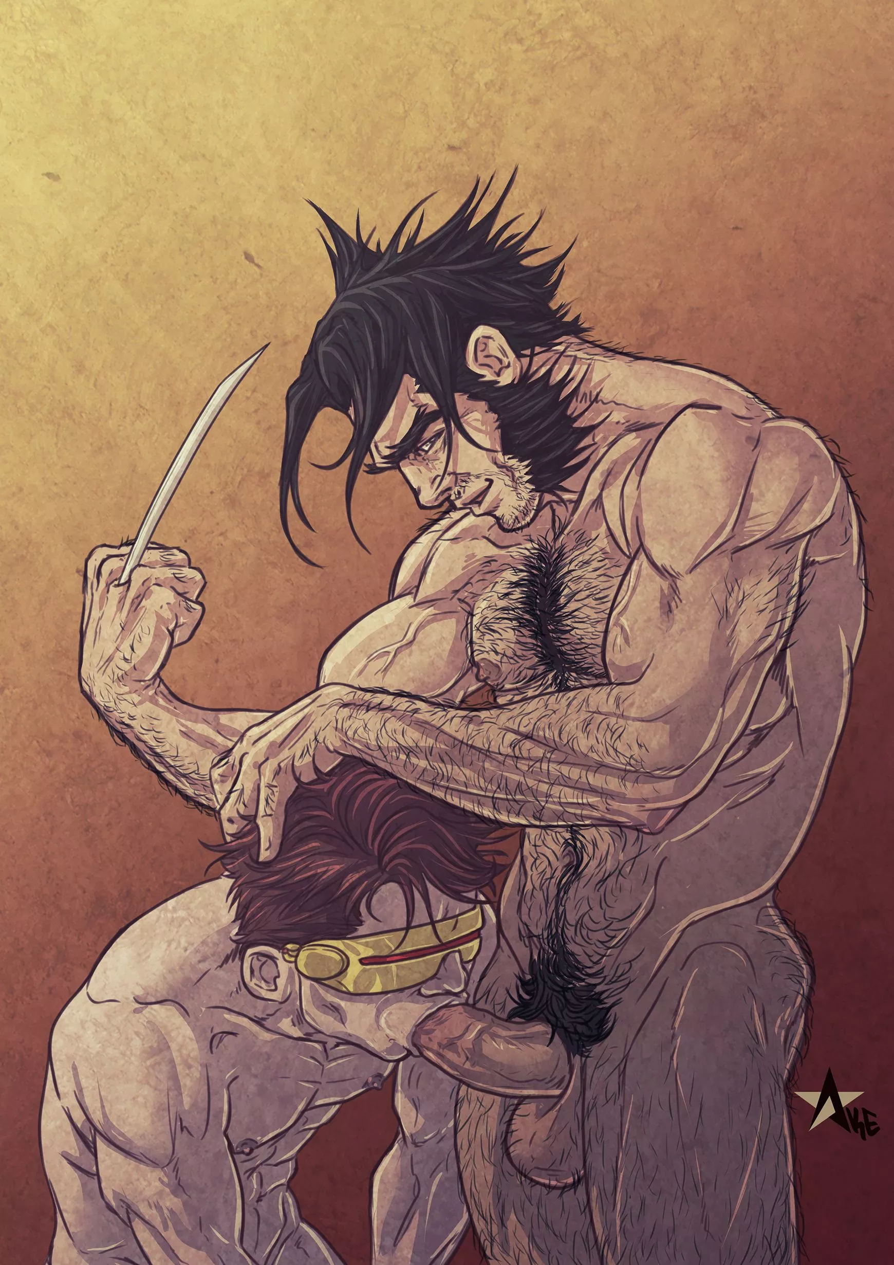 Cyclops horny for Wolverine's dick and hairy pubes