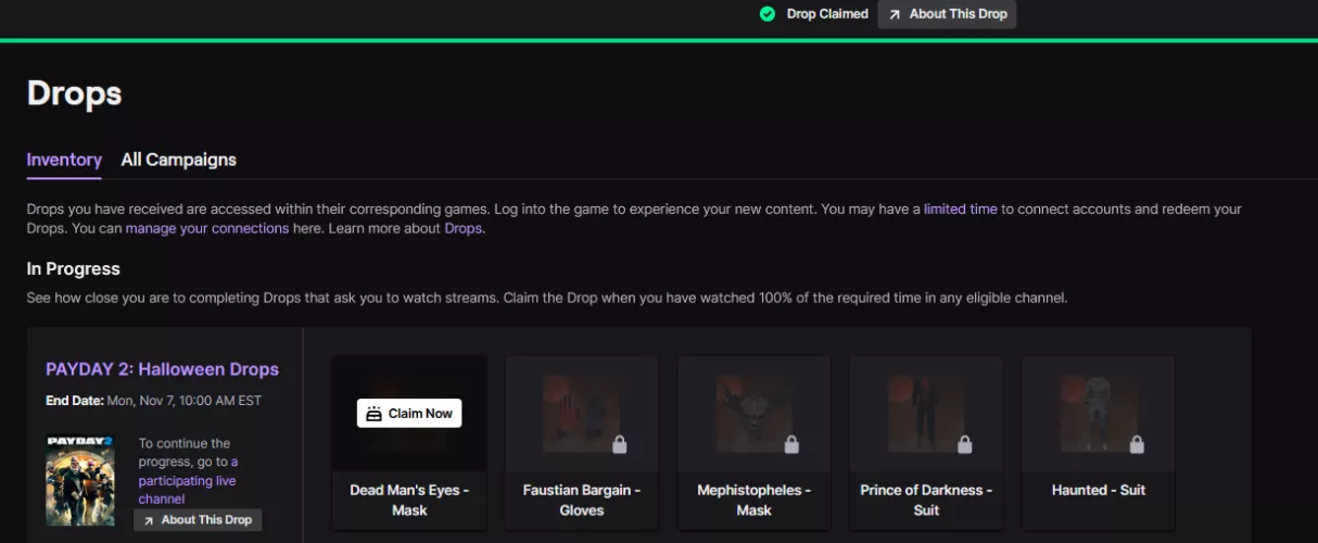 im having an issue claiming the drops. when i click claim now it just says claimed and i cant earn progress towards the next drop