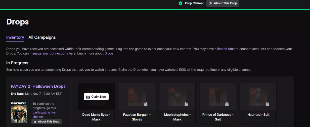 im having an issue claiming the drops. when i click claim now it just says claimed and i cant earn progress towards the next drop