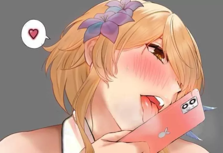 LF Color Source: 1girl, Lumine (genshin impact), bare shoulders, blonde hair, collar, gold eyes, hair flower, hair over one eye, head tilt, holding phone, licking phone screen, sidelocks, smartphone/cellphone/phone, spoken heart, tongue out, upper teeth,