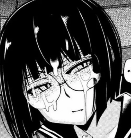 LF Mono Source: 1girl, black hair, blunt bangs, close-up, cum on glasses, cum on hair, face, half-closed eyes, looking at viewer, round glasses, short hair, spoken ellipsis