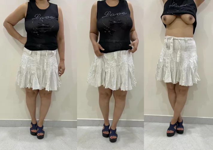 My bull /u/bullnxtxnx wanted me to dress like a younger woman for our date, braless. The first two pics are what everyone saw. Last one is what he saw before the blowjob. Will post more of the series. 47 (F) OC