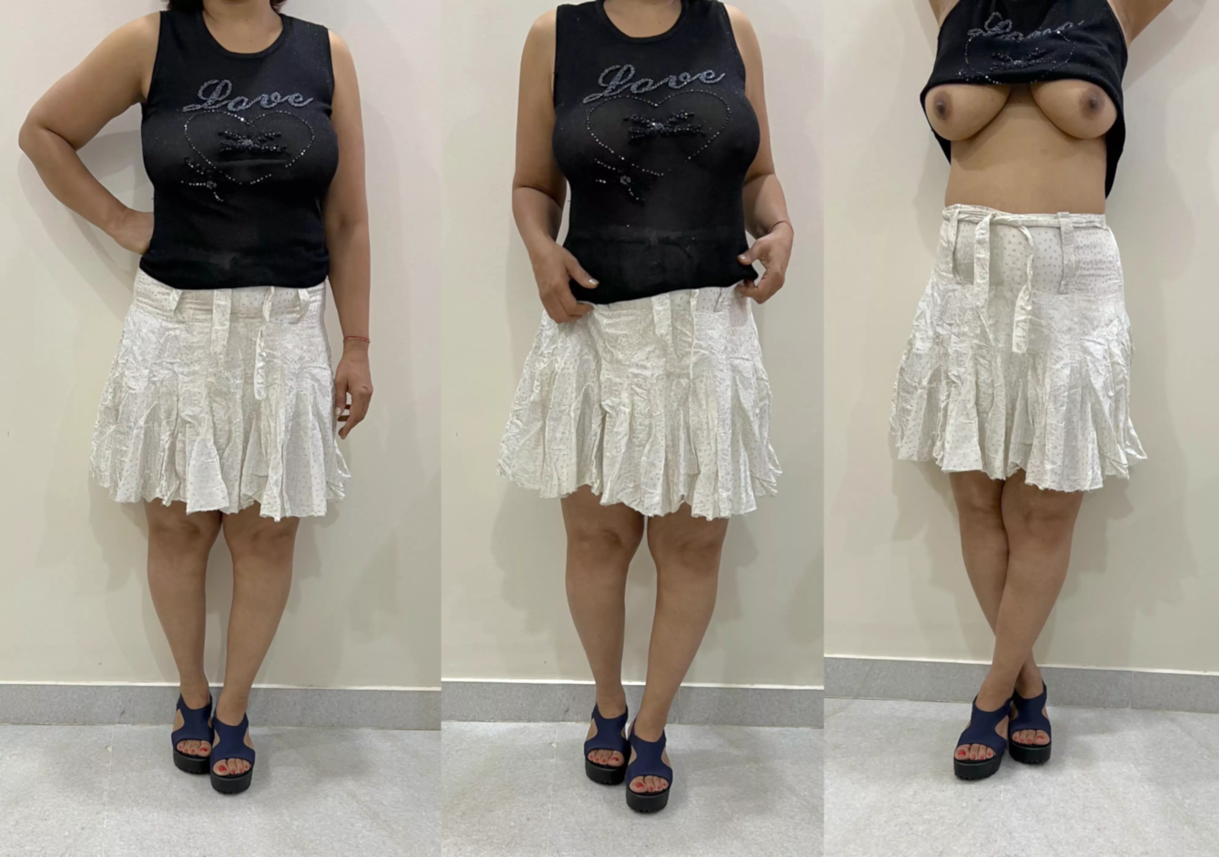 My bull /u/bullnxtxnx wanted me to dress like a younger woman for our date, braless. The first two pics are what everyone saw. Last one is what he saw before the blowjob. Will post more of the series. 47 (F) OC