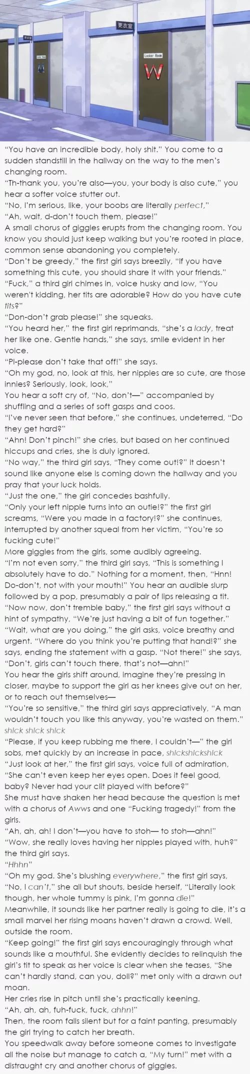 Overheard outside the changing room [lesbian] [nonconsensual] [male POV] [voyeurism]