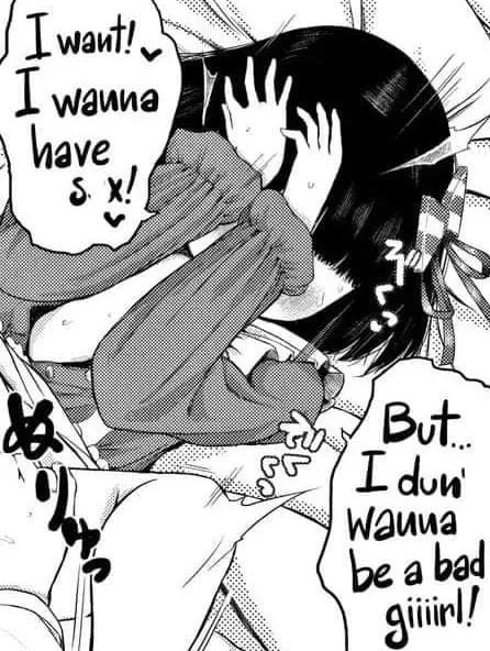 LF Mono Source: 1girl, black hair, short hair, face covering (covering face with hands), blushing, exposed body, long sleeves shirt, hair tie, text 