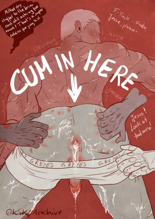 Pale old muscled Soldier 76 stuck in the wall, gaped and bred by his hung teammates and ejaculated and emptied their balls - S76 wants more