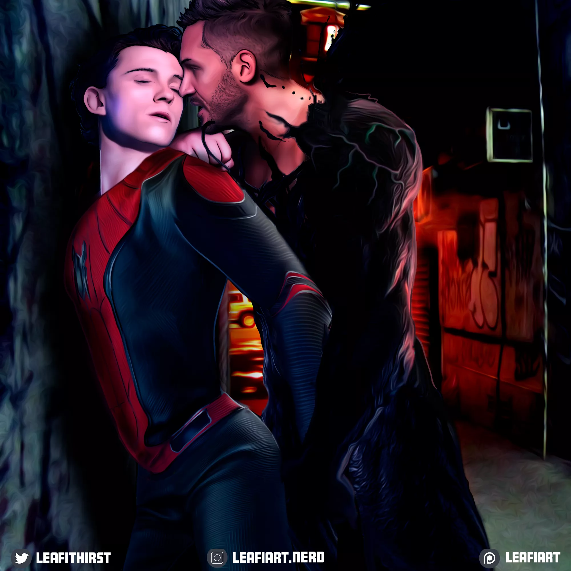 Spidey X Venom in the alley (@leafiart)