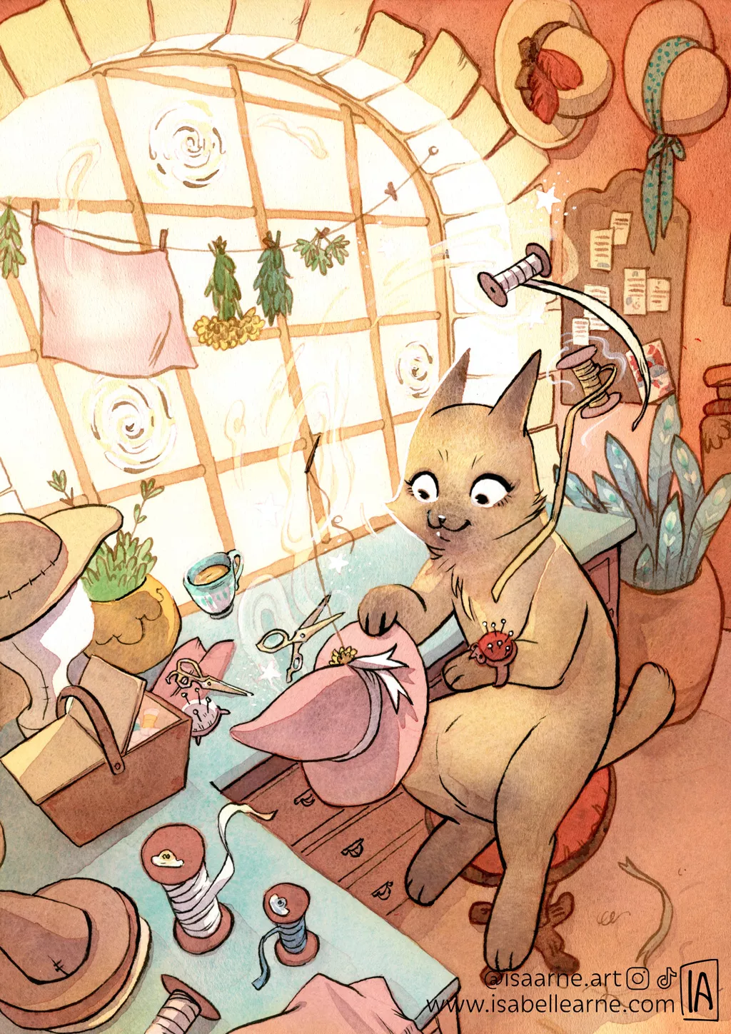 Afternoon sewing with Bunny, watercolor by Isabelle Arne