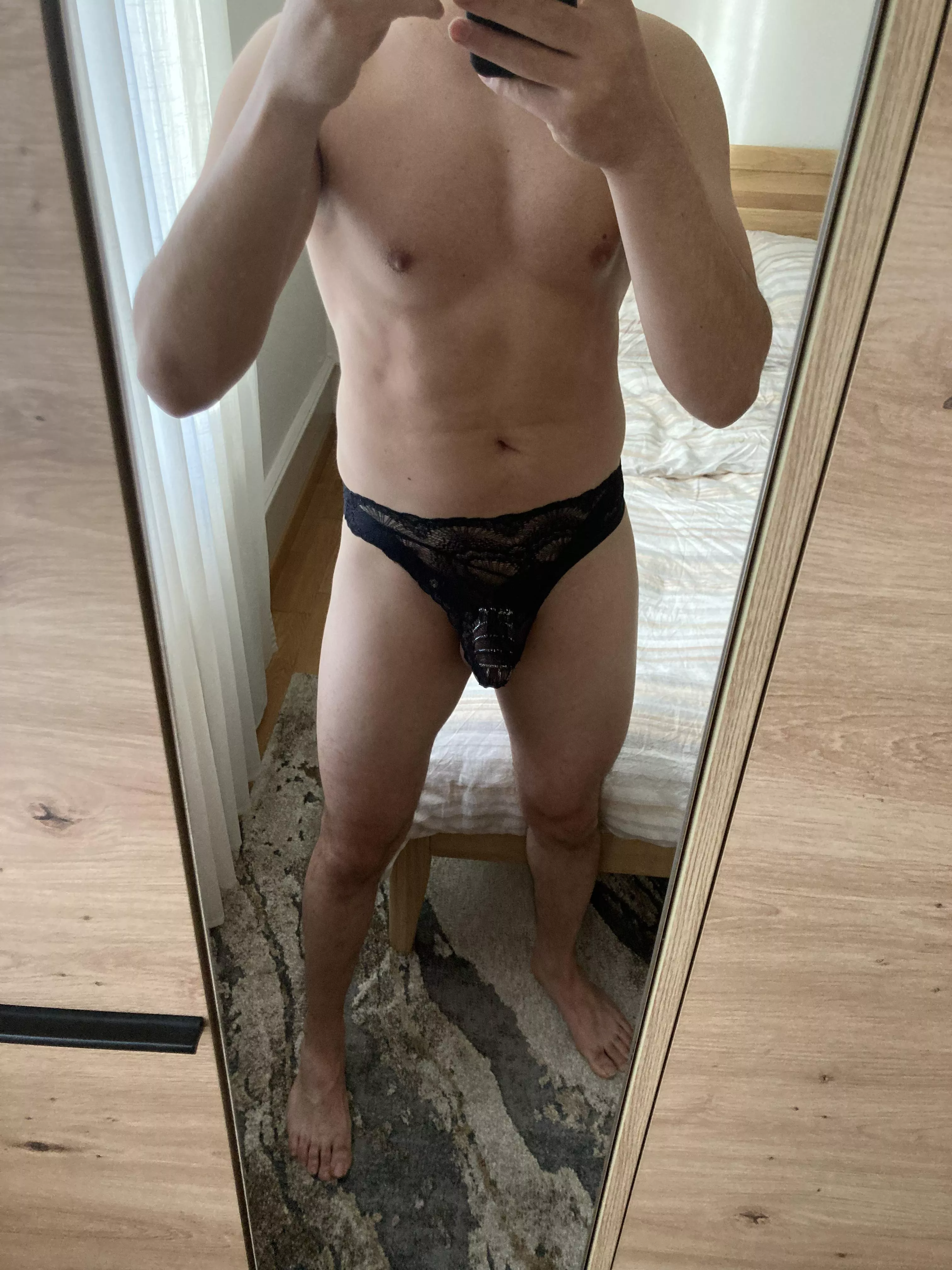 Came too early after 2 weeks of chastity (so she ruined it). As punishment I have to wear her panties until I get another try in 2 weeks…