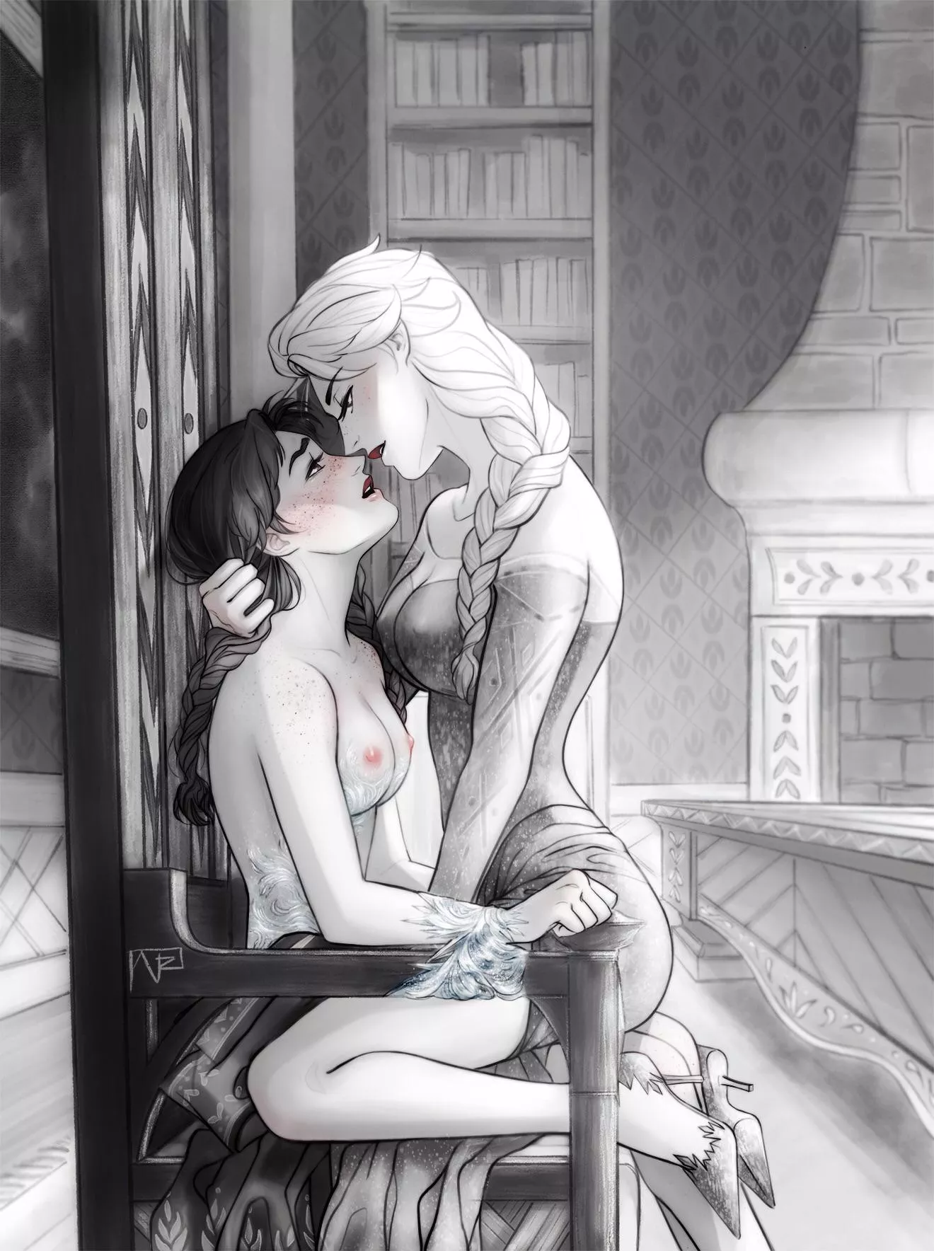 Elsa and Anna sharing a chair (Ice-Bjorn)