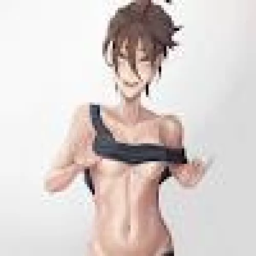 LF color source: 1girl, brown hair, blushing, lifting shirt, black shirt, green eyes