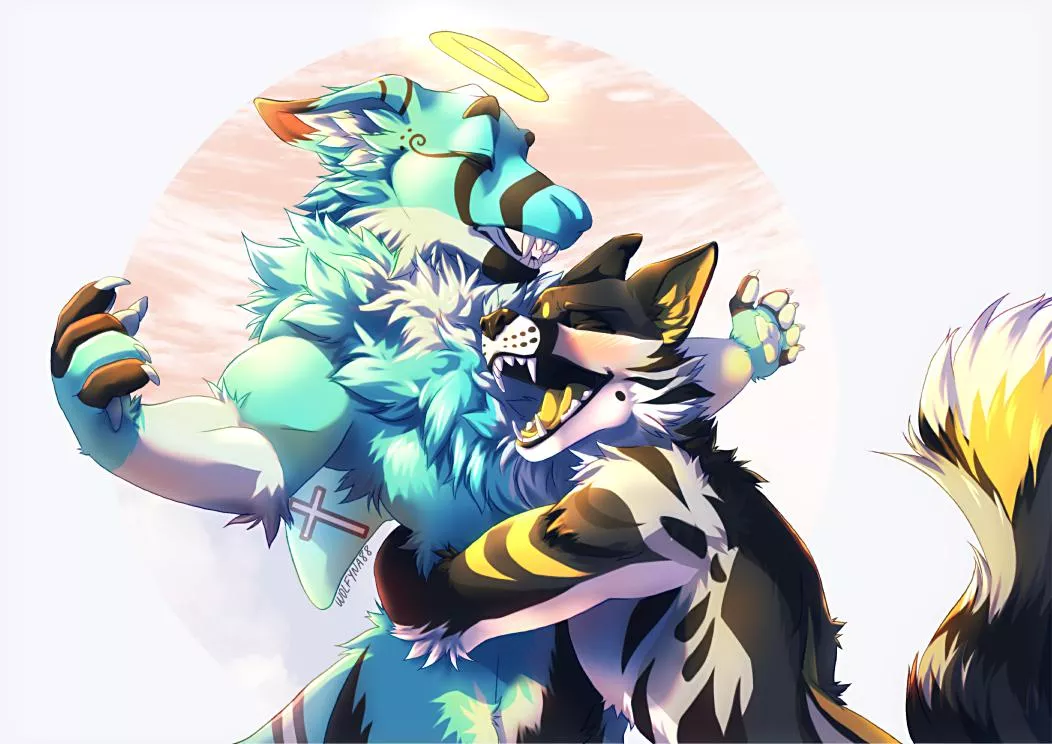 A tight, fluffy hug! (Commission)(art by me)