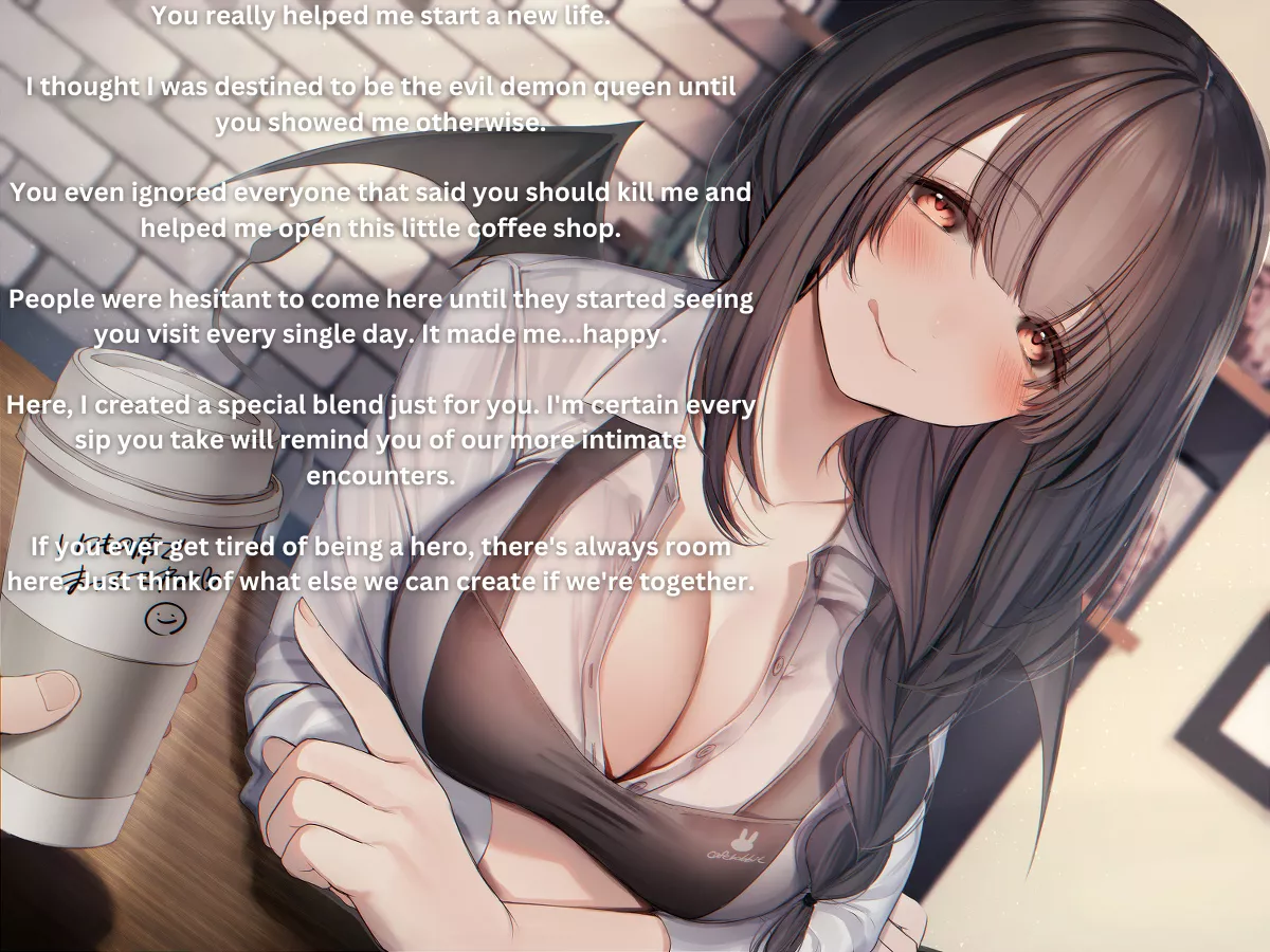 Instead of killing the demon queen, you helped her start a new life running a coffee shop. [Wholesome] [Demon] [Fantasy] [RPG] [Romance]