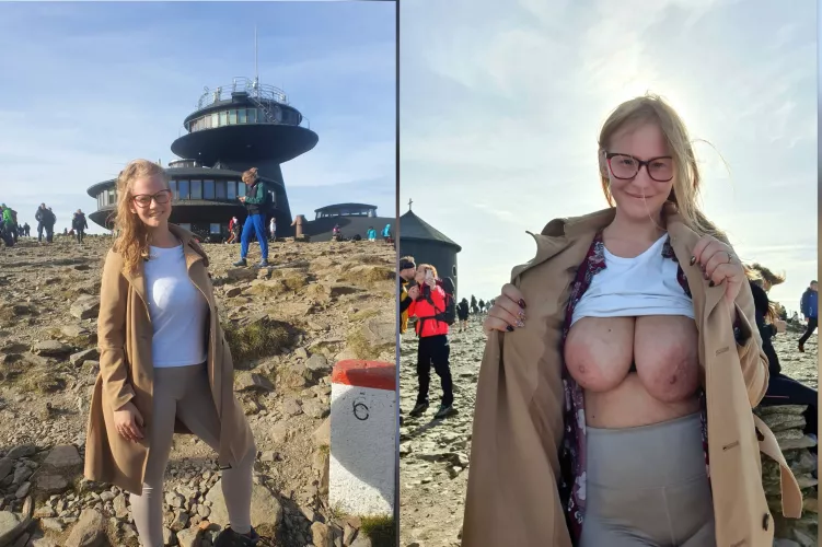 My big natural boobs, high in the mountains, under a blouse and uncovered for a while. as it turns out, altitude does not affect their size. Heh