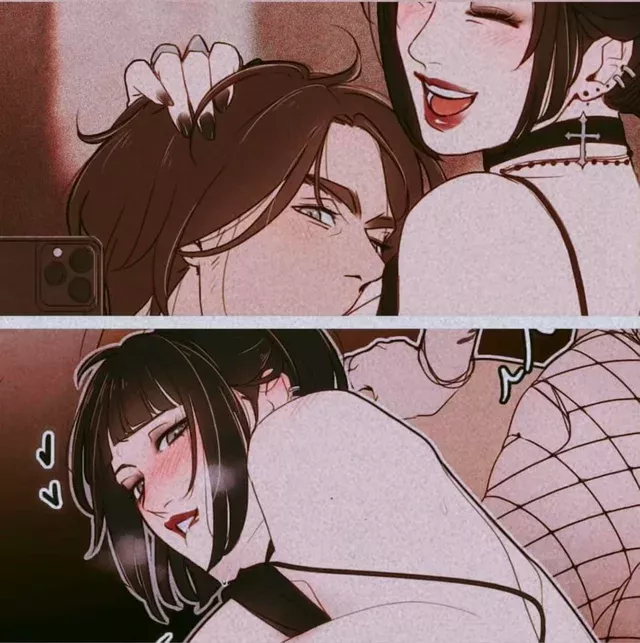 Color, 1girl, 1boy, lipbite, mirror selfie, cross earring, fishnet, choker