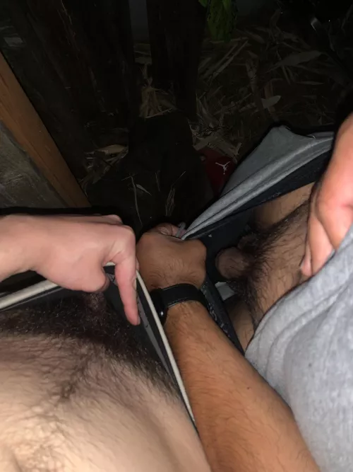 Idk why or how this happened but my uncle (on right) and I took this pic while taking a piss on our camping trip. Must’ve gotten pretty drunk. I want to mess around with him so bad 🤤