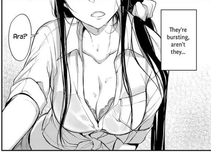 LF Mono Source : 1girl, long dark hair, hair scrunchie, sweating, cleavage, unbuttoned shirt, bra, 