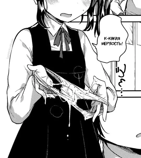 LF mono source: 1girl, small breasts, school uniform, panties, holding panties, blush, open mouth, long hair, cum on clothes, indoors, school, russian text.