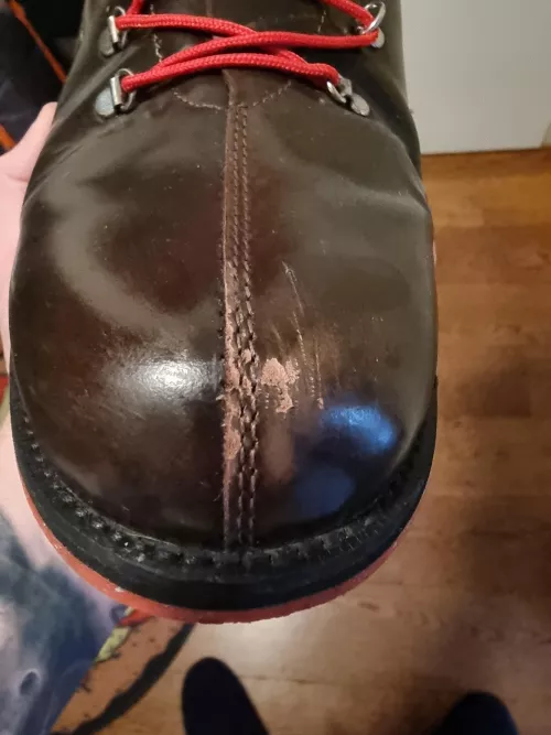 How can I fix this? This is the Rossignol Chamonix winter boot, not sure what happened, maybe I kicked a rock or something. I know I can't fix it completely as the leather chipped, but is there any way I can make it look better?