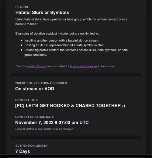 How does one get suspended for hateful slurs/symbols while not talking the 32 mins I was live.. is it the title? Genuinely curious