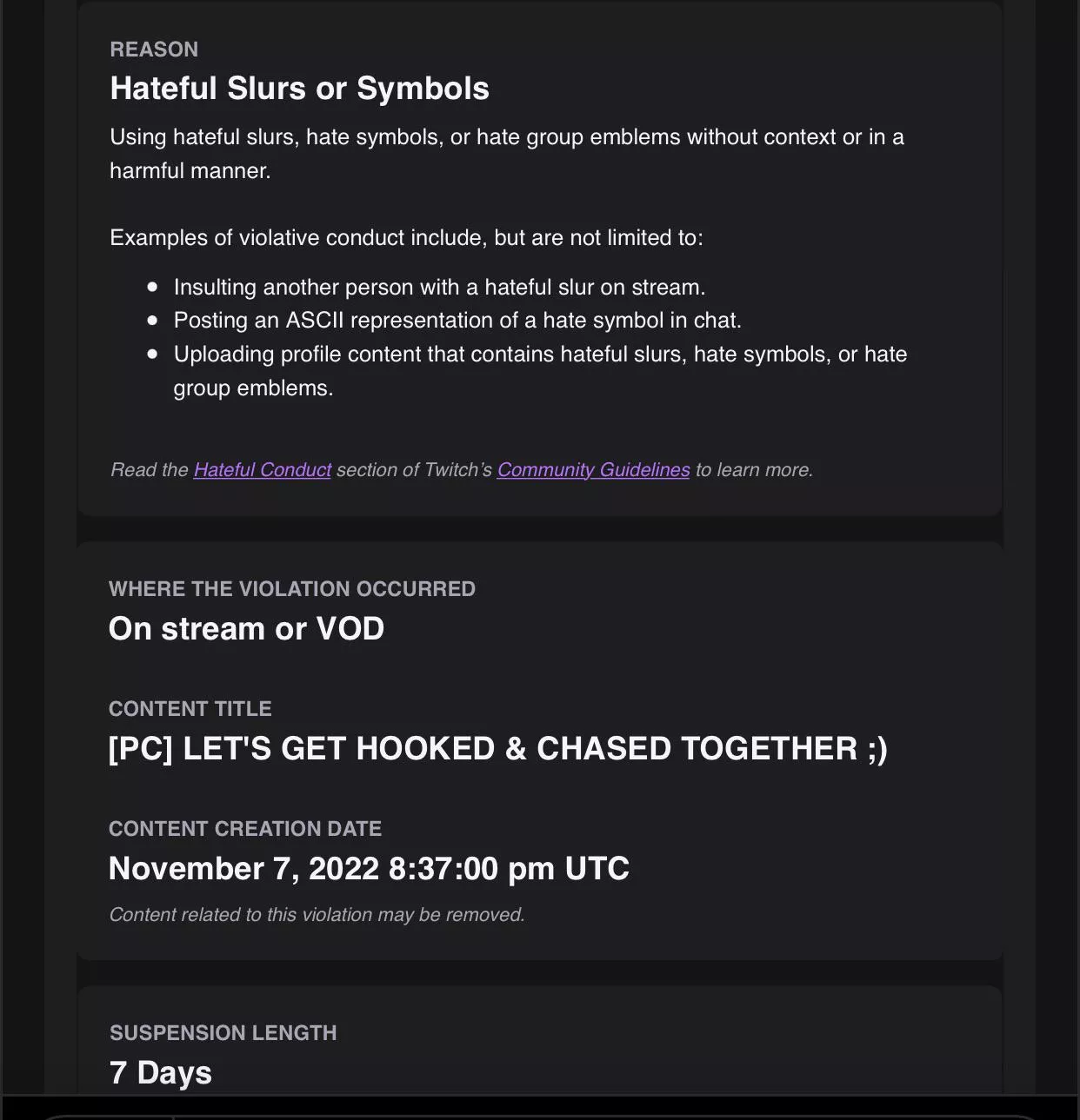 How does one get suspended for hateful slurs/symbols while not talking the 32 mins I was live.. is it the title? Genuinely curious