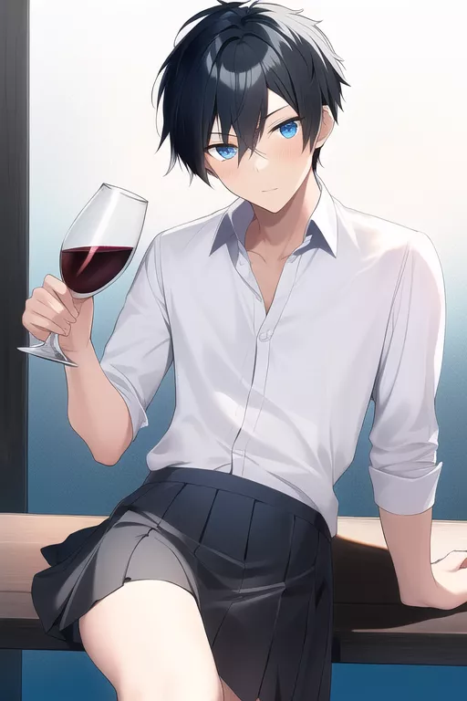 In a skirt holding glass of wine