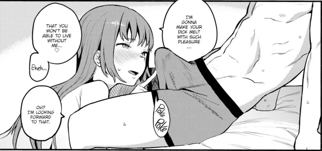 LF Mono Source: 1boy, 1girl, “I’m gonna make your dick melt with such pleasure”, “poke poke”, “that you won’t be able to live without me”, “oh? I’m looking forward to that”, erection under clothes, teasing, long hair, blushing, knee