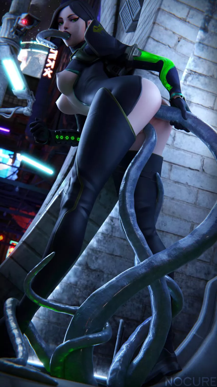 Caught and used by tentacles in an alley