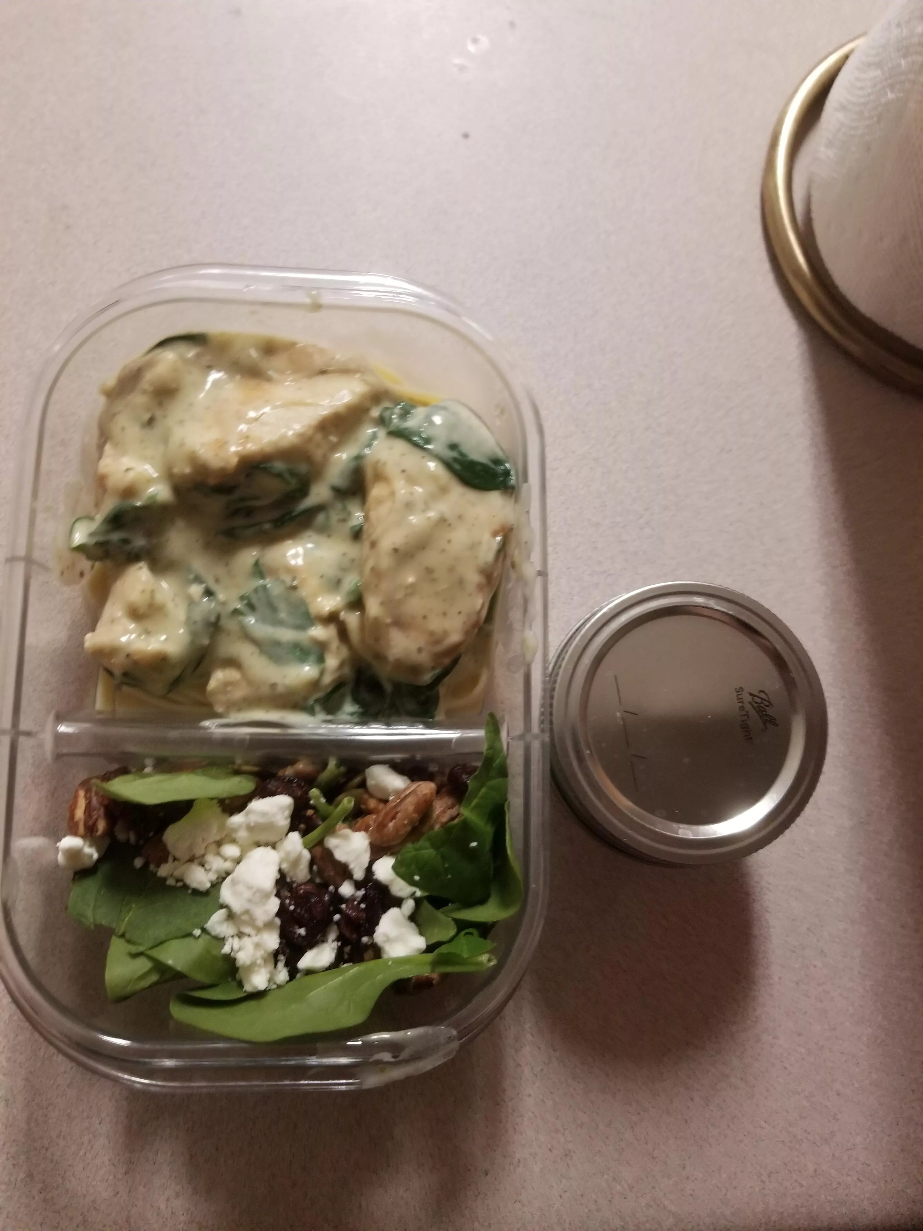 i made lunch for my master, chicken and spinach alfredo with a candied walnut salad