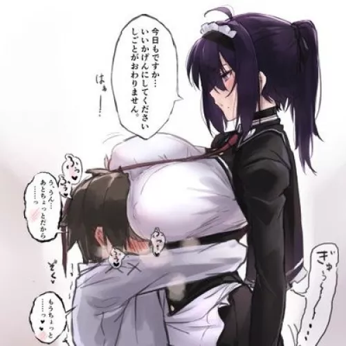 LF Color Source: 1girl, 1boy, foreign text, blush, head on breast, hug, maid, maid headress, mole under mouth, necktie, ponytail