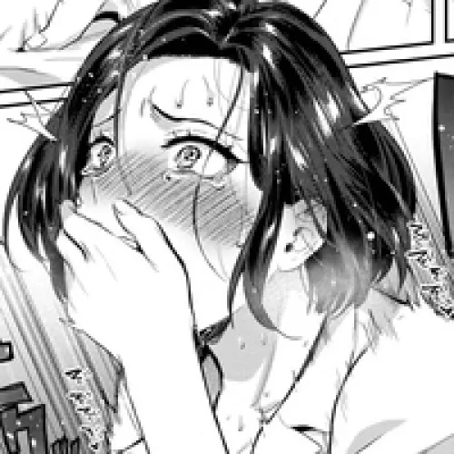 Lf mono source : 1girl, short hair, black hair, tears, sweat, thrilling sensation, thumb, shocked eyes, own hand on mouth, hand gag, blush, foreign text, teeth.